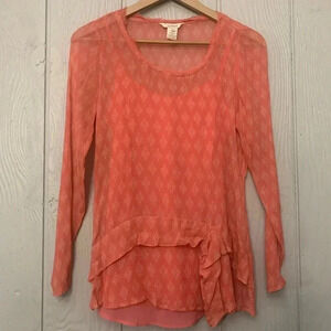Sundance Women's 100% Silk Sheer Coral Ruffle Blouse Top | size small